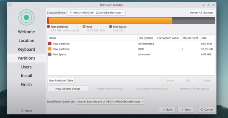 KDE neon Installation with Btrfs manual partitioning