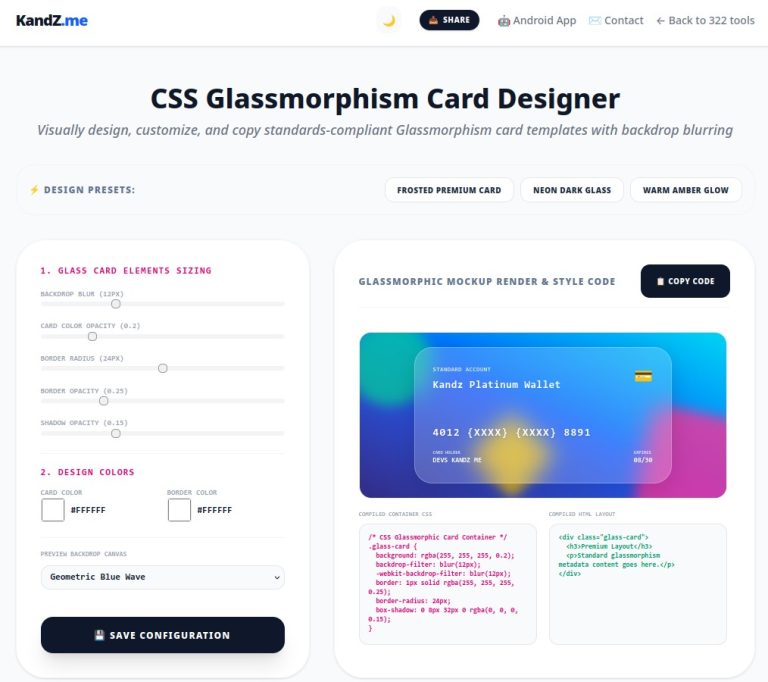 Free CSS Glassmorphism Card Designer