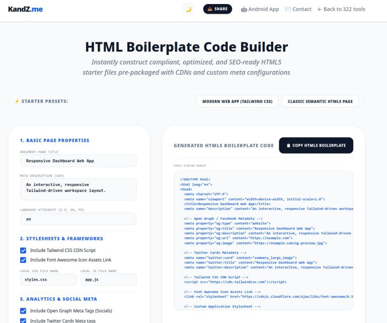 Free HTML Boilerplate Code Builder